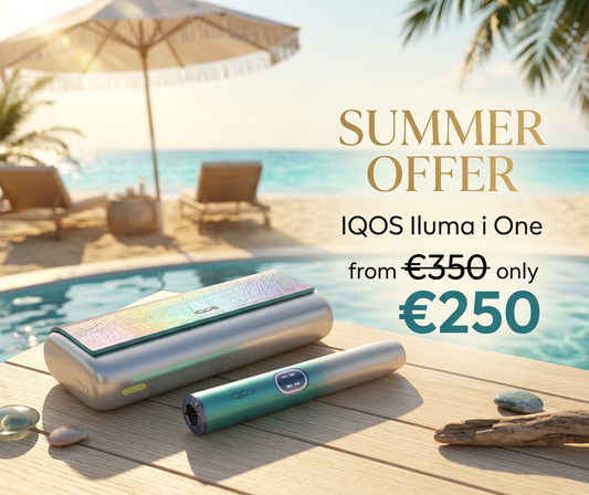 IQOS Iluma i One device on a wooden deck with a beach and pool in the background, promoting a summer offer.