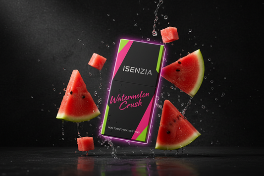 iSenzia Watermelon Crush product with watermelon slices on a dark background