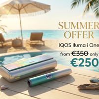 IQOS Iluma i One device on a wooden deck with a beach and pool in the background, promoting a summer offer.
