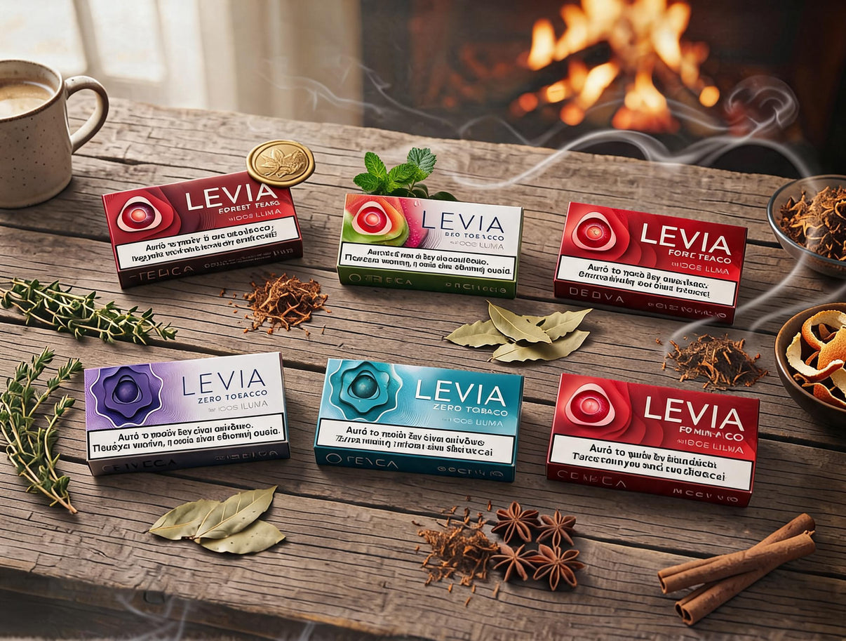 Six boxes of Levia Tobacco brand cigarettes arranged on a rustic wooden table with herbs, spices, a mug, and a warm fireplace in the background.