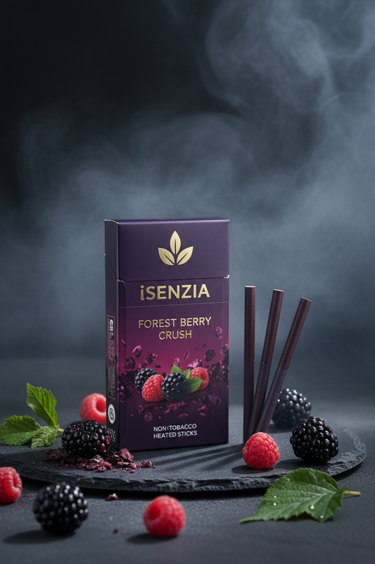 iSenzia Forest Berry Crush packaging with berries and straws on a dark background